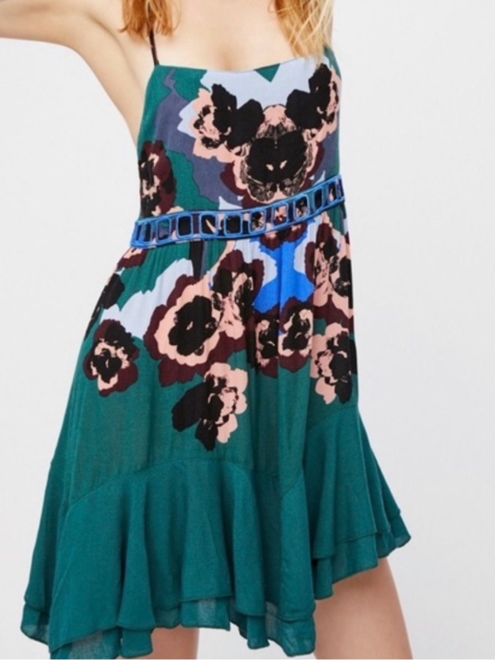Free People “intimately” Teal Floral sweet lucy slip Mini Dress